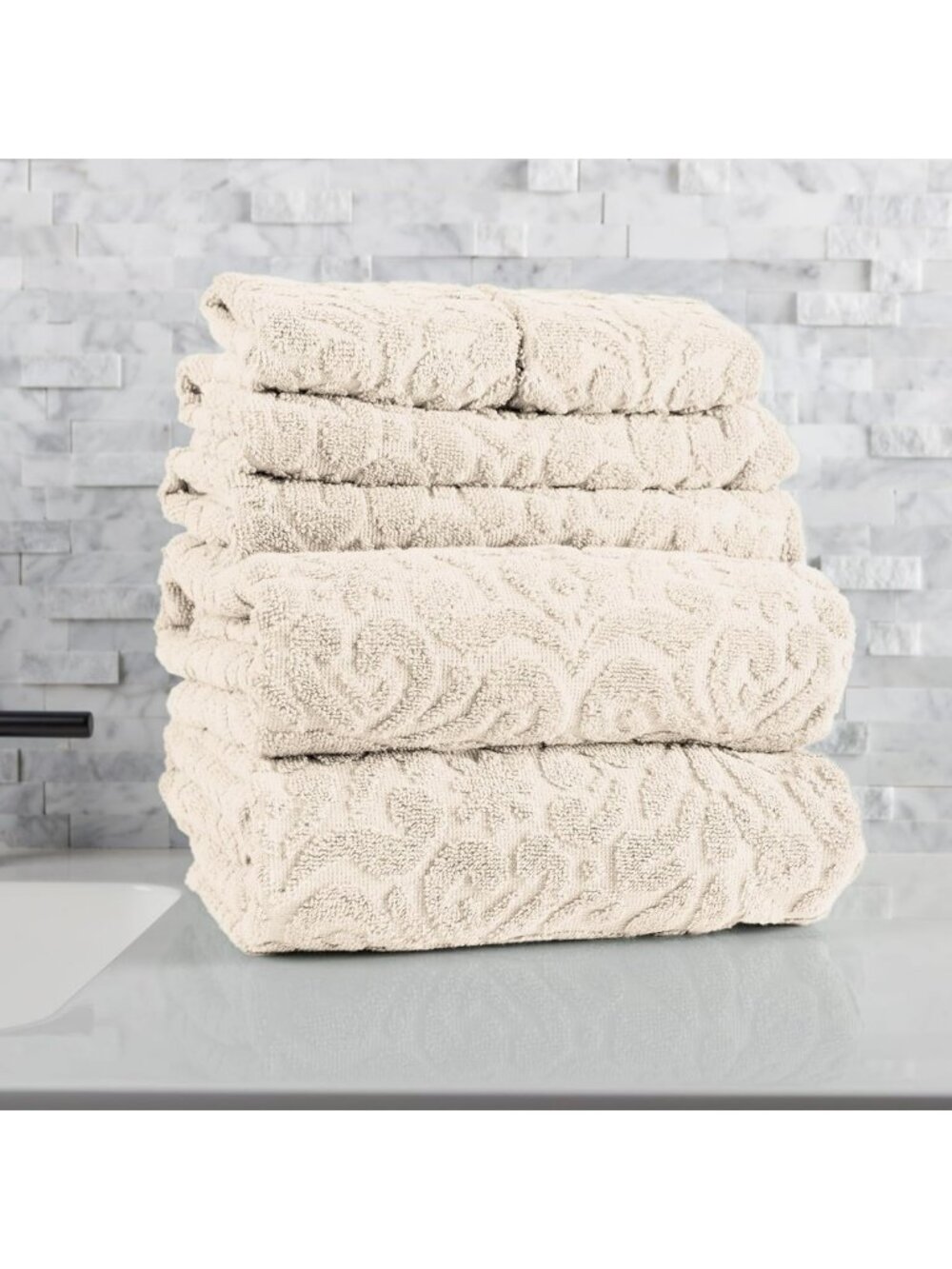 Luxurious Cotton Jacquard Towel Set, Cream Bathroom Essentials, 6-Piece